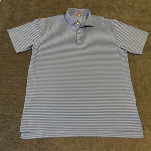 Peter Millar Men Large Summer Comfort Striped Golf Polo Shirt Light Blue